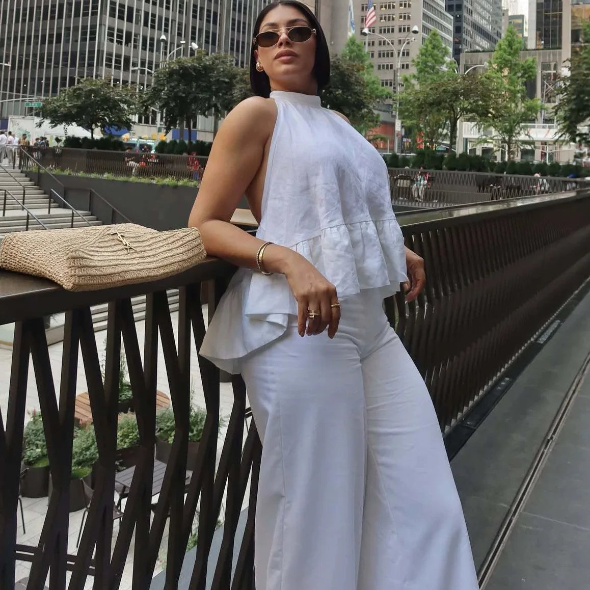 Two‑Piece Set Halter Tie‑Back Peplum Sleeveless Top & Wide‑Leg Pants Women Summer Backless Vacation Elegant Casual Matching Set - Matrix-studios.com