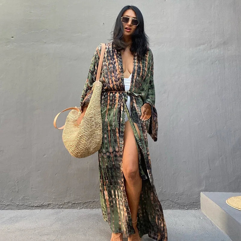 Beach Cover Ups Women Tie Dye Printed Kimono Cardigan Self Belted Wrap Dresses Summer Holiday Bathing Suits - Matrix Studios