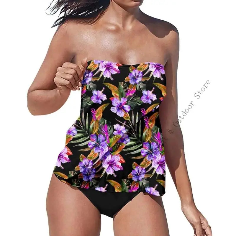 Strapless Tankini Swimsuits for Women 2 Piece Bathing Suits Bandeau Blouson Swim Top with Bottom - Matrix-studios.com