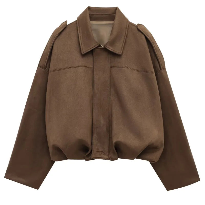 HXAO Women's Bomber Jacket Lapel Long Sleeve Zipper Suede Jacket Women 2025 High Street Cropped Racing Jackets Coats Outerwears - Matrix-studios.com