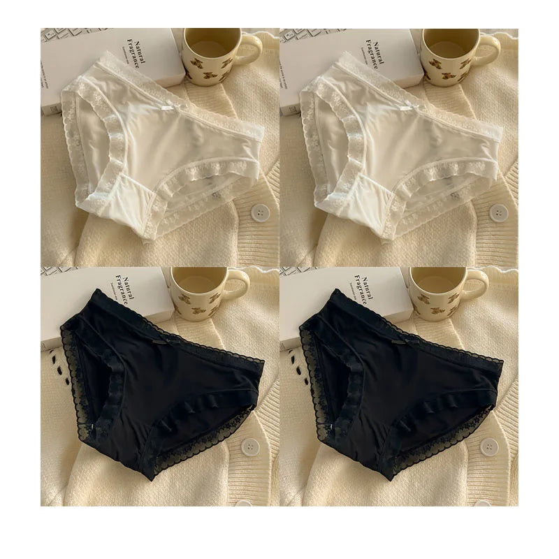 4 PCS/PACK Solid Color Women's Panties Mid-Waist Breathable Comfort Sexy Antibacterial Lace Innerwear - Matrix Studios