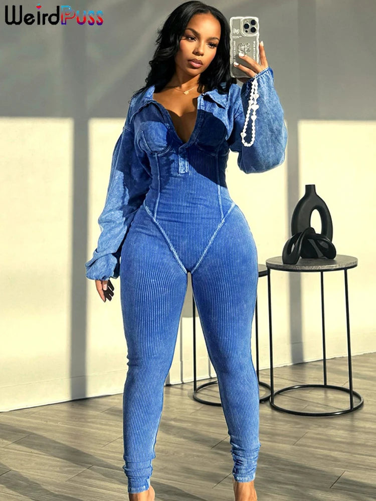 Weird Puss Washed Distressed Jumpsuit Women Ribbed V-Neck Solid SKinny Long Sleeve Fall Casual Trend Simple Activity Streetwear - Matrix Studios