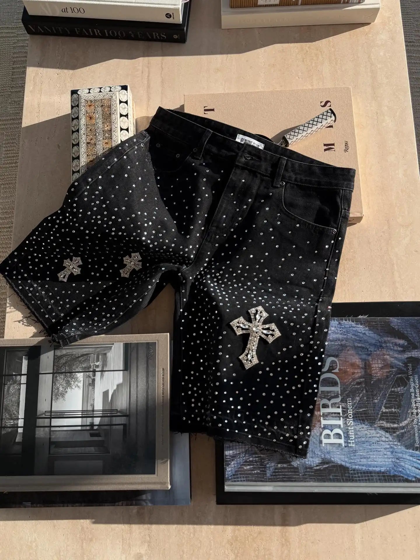 Gothic Rhinestone Cross Embroidery Viral Denim Jorts Y2K Vintage American Trend Gym Shorts Men Women Street Hip Hop Jean Short