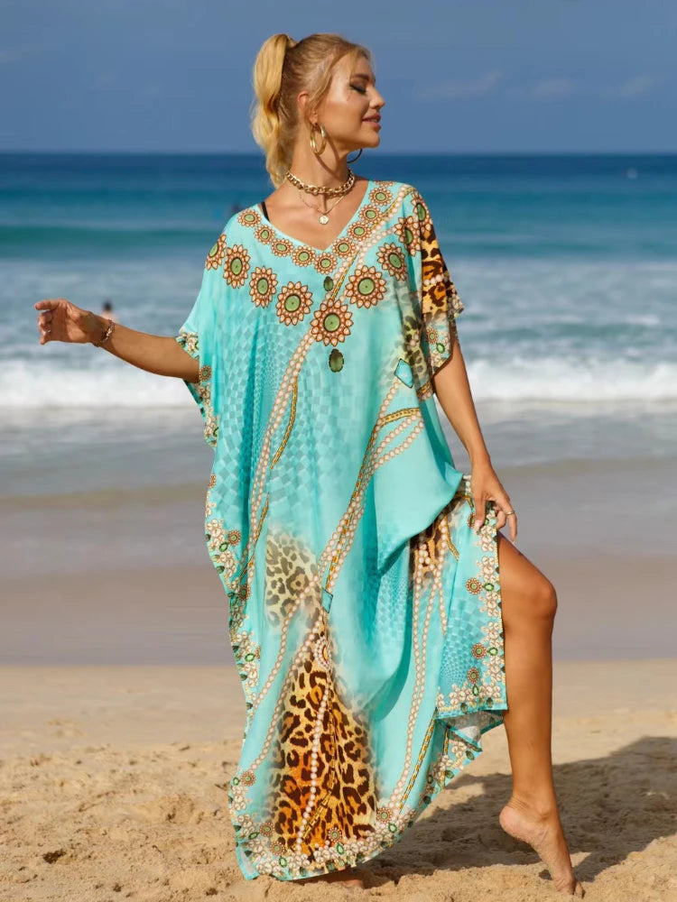 Kaftan Dresses Tropical Printed Cover Ups for Swimwear Women Elegant Maxi Robe Holiday Bathing Suits Dropshipping Hot Sales - Matrix Studios