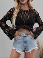 Mesh Crochet Beach Shirt Women Solid Cover Up Ladies Long Sleeve Tops 2026 Sexy Beachwear Bathers Swim Bathing Suit - Matrix Studios