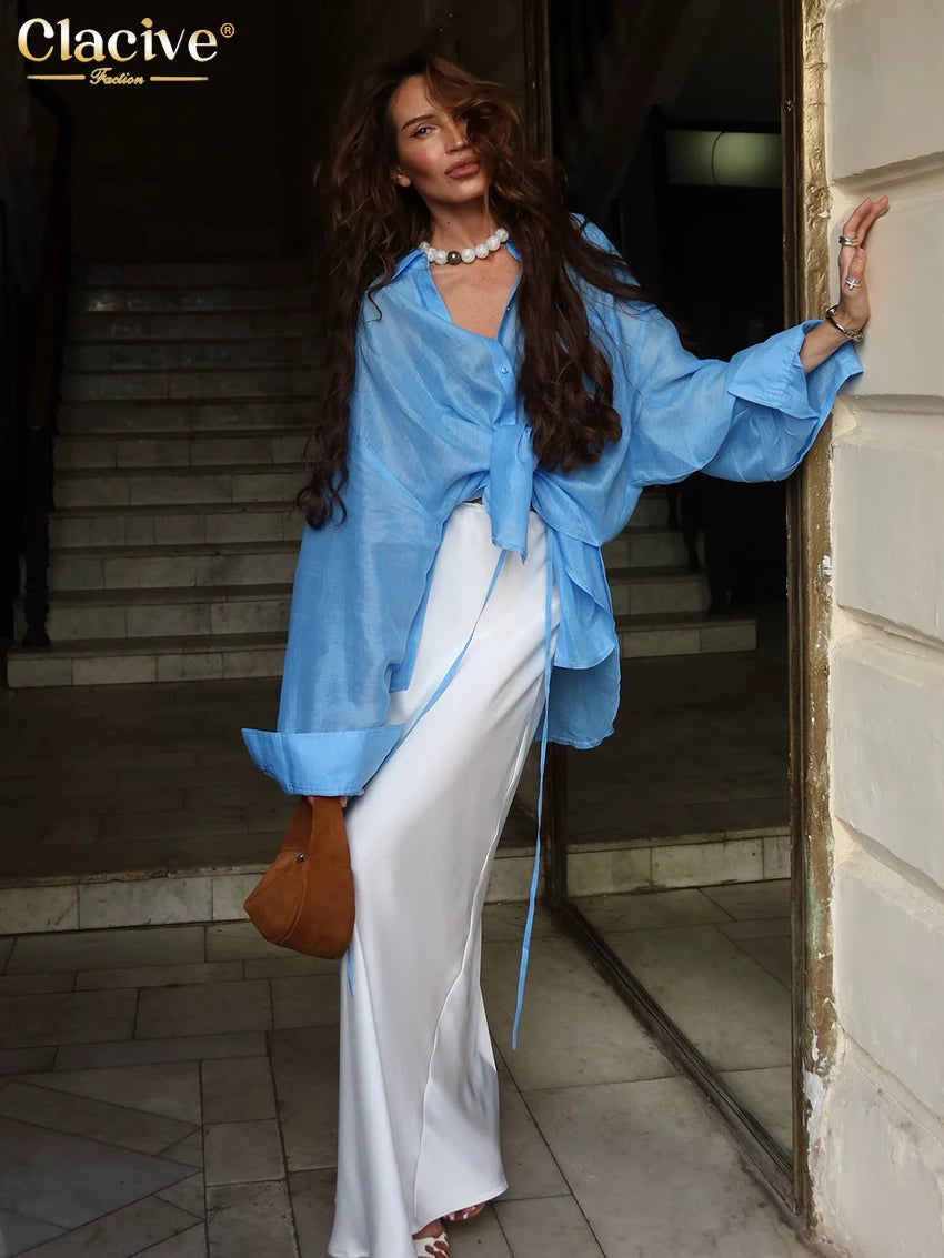 Clacive Fashion Loose Blue Women's Blouse 2025 Sexy Lapel Long Sleeve Shirt Elegant Classic Solid Blusas Tops Female Clothing - Matrix-studios.com