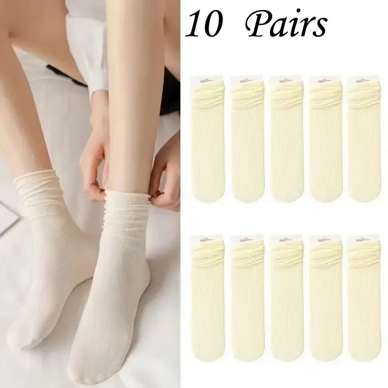 10 Pairs Kawaii Women's Ice Silk Socks - Medium Tube Solid Color Stacked Style, Breathable & Soft Casual Socks - Matrix Studios