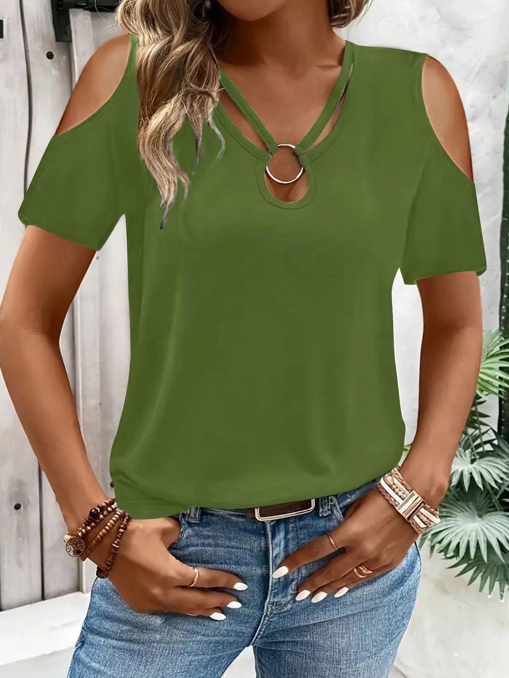 2025 New Summer Fashion Women's Blouses Hollow Out Short Sleeve Shirts Casual Off Shoulder Cross V-Neck Solid Colors Female Tops - Matrix-studios.com