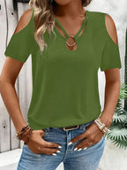 2025 New Summer Fashion Women's Blouses Hollow Out Short Sleeve Shirts Casual Off Shoulder Cross V-Neck Solid Colors Female Tops - Matrix-studios.com