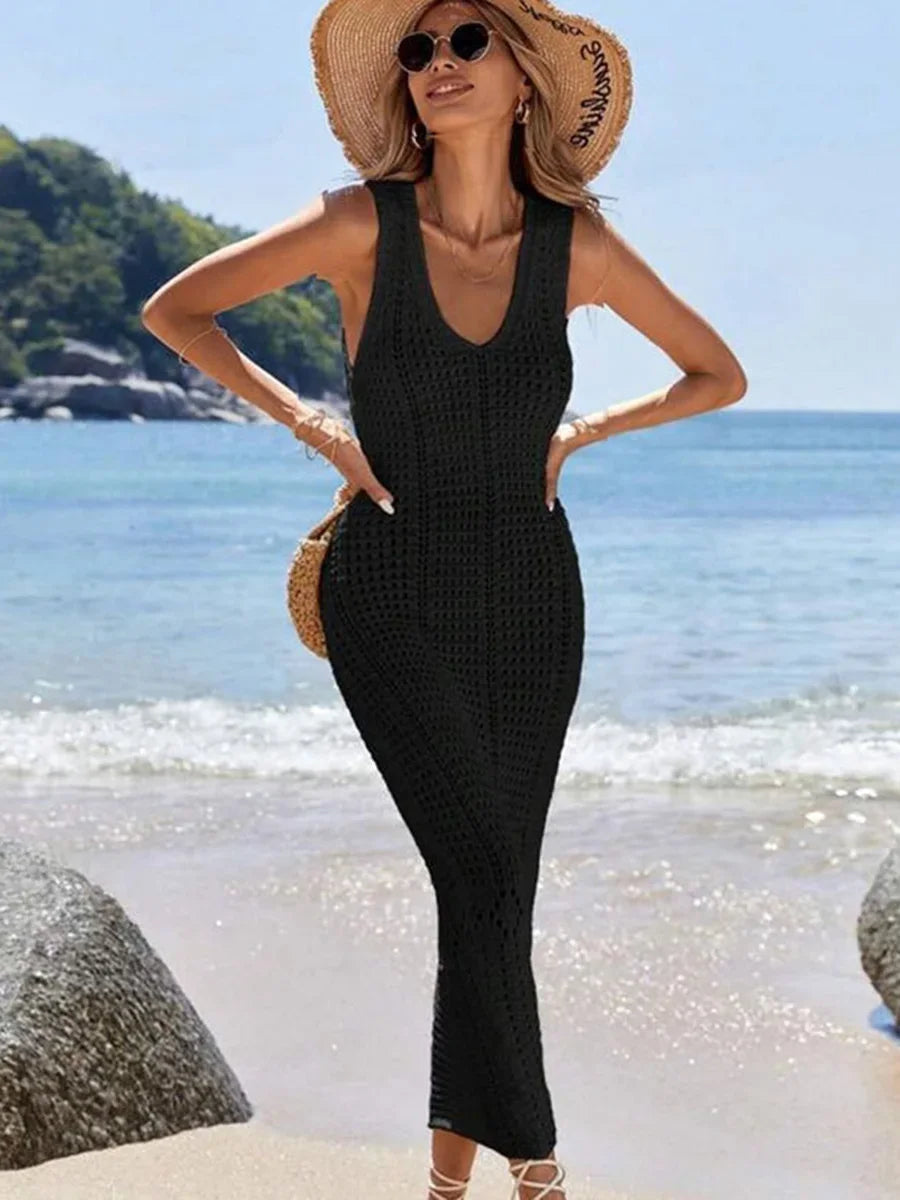 S - XL 2025 V Neck Hollow Out Crochet Knitted Tunic Beach Cover Up Long Cover-ups Beach Dress Beach Wear Beachwear Female Women - Matrix Studios