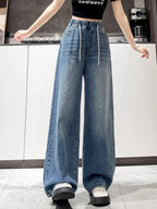 Loose Fit High Waist Wide Leg Jeans Women plus Size Light Blue Elastic Waist Dstring Trousers Autumn Faion plus Size - Matrix-studios.com