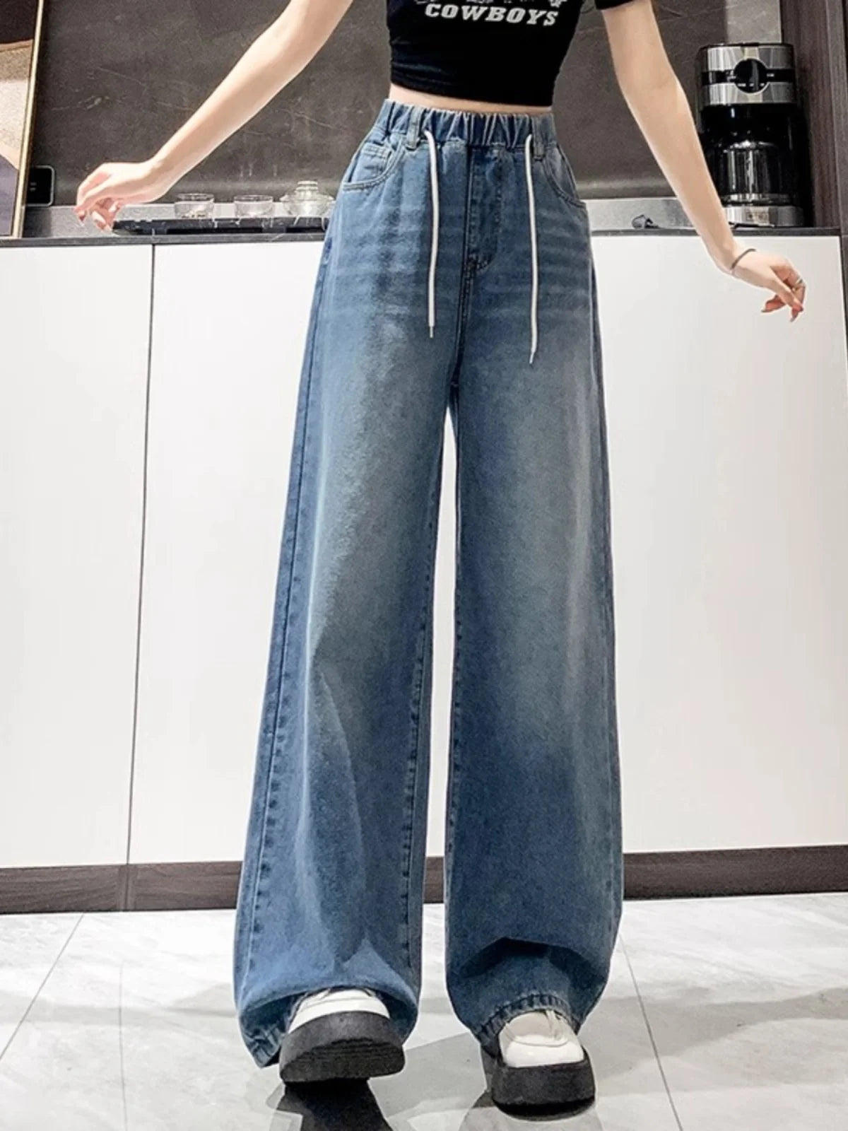 Loose Fit High Waist Wide Leg Jeans Women plus Size Light Blue Elastic Waist Dstring Trousers Autumn Faion plus Size - Matrix-studios.com
