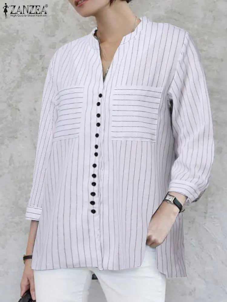 ZANZEA Women Vintage Striped Blouse Summer 3/4 Sleeve Loose Shirt Fashion V-Neck Button Up Tops Elegant Blusas Femme Tunic Mujer - Matrix-studios.com