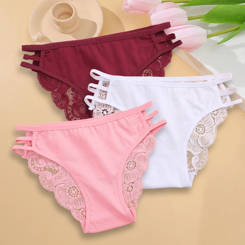 3PC/Set Women's Sexy Floral Lace Panties Low Rise Hollow Out Briefs Transparent Underwear Female Elastic Straps Soft Lingerie - Matrix Studios