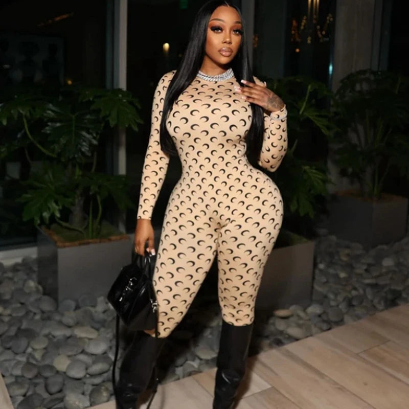 Retro Jumpsuit Women Sexy Slim Fit Moon Print Long Sleeve Tight Leggings Round Neck Versatile Casual Wear Autumn Fashion - Matrix Studios