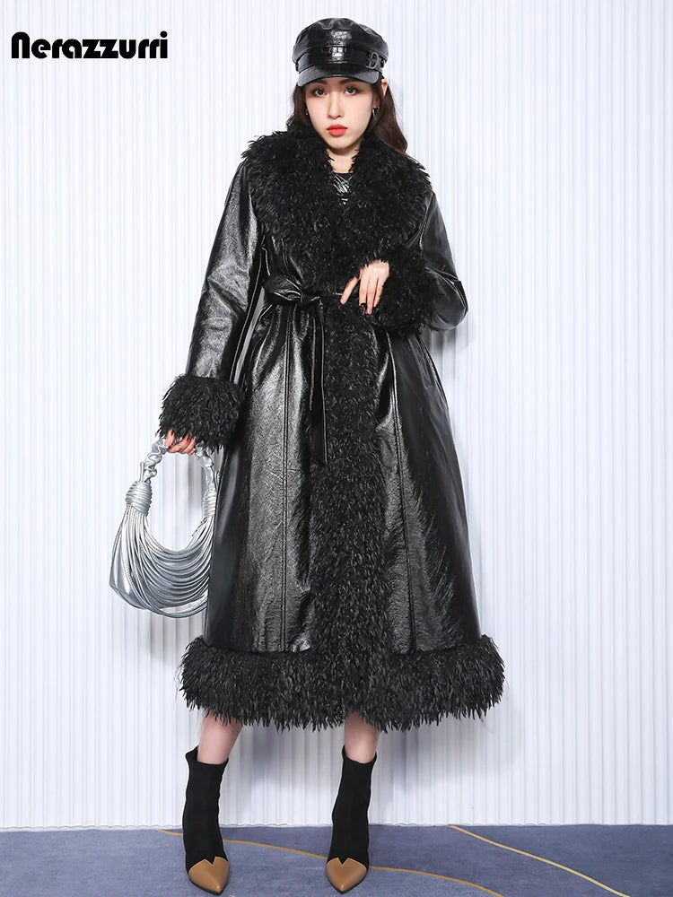Nerazzurri Autumn Winter Long Loose Black Quilted Warm Soft Pu Leather Coat Women with Faux Fur Trim Sashes European Fashion - Matrix Studios