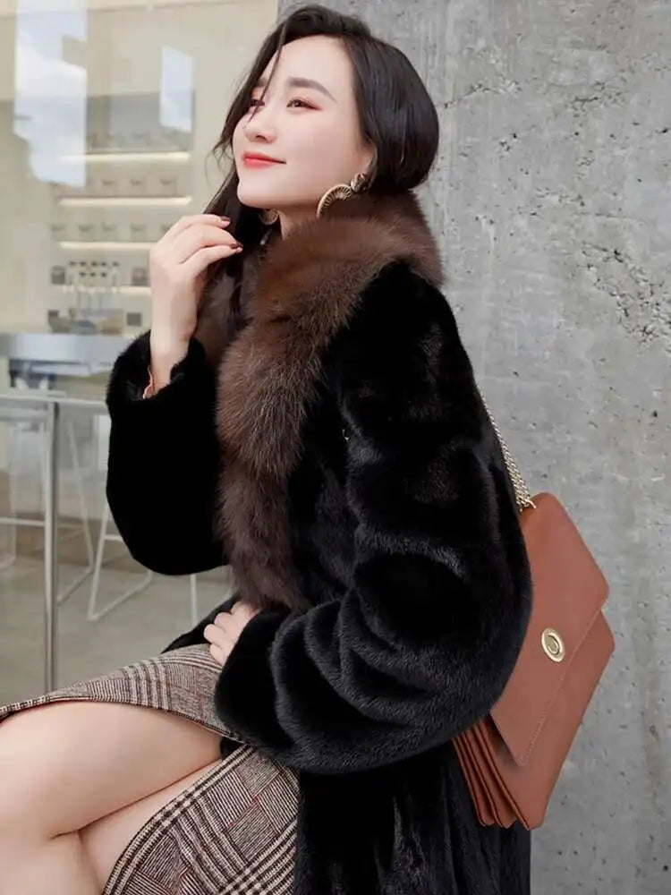 DEAT Fashion Women's Imitation Mink Fur Coat Fur Collar Loose Long Sleeves Thick Warm Overcoat Winter 2024 New tide 7AB6171 - Matrix Studios