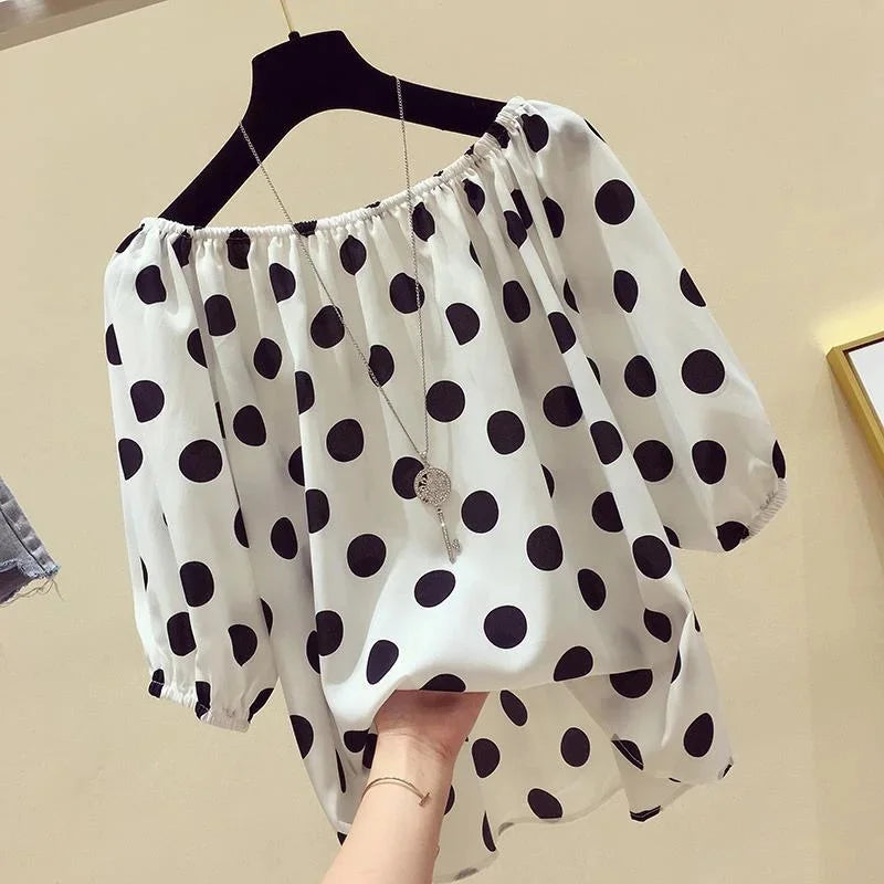 Women Spring Summer Style Loose Blouses Shirts Lady Casual Slash Neck Polka Dot Printed Blusas Tops - Matrix-studios.com