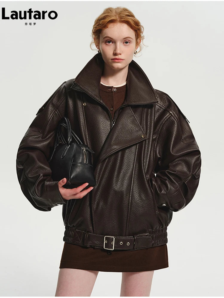Lautaro Spring Autumn Cool Brown Oversized Pu Leather Jacket Women Long Sleeve Zip Up Luxury Designer American Retro Clothing - Matrix Studios