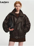 Lautaro Spring Autumn Cool Brown Oversized Pu Leather Jacket Women Long Sleeve Zip Up Luxury Designer American Retro Clothing - Matrix Studios