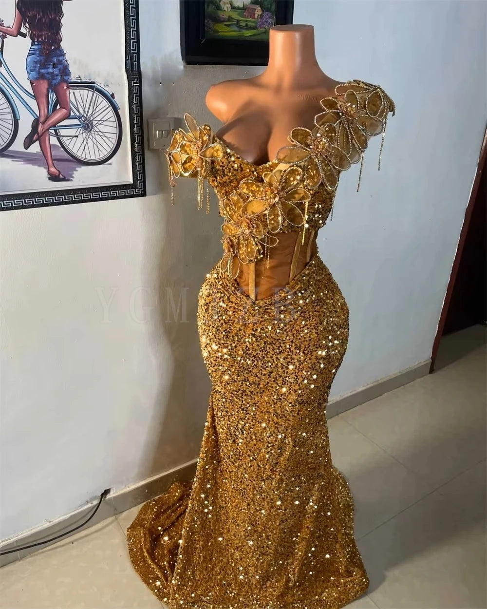 Aso Ebi Gold Prom Dresses 2025 Luxury Bead Rhinestones 3D Flowers African Wedding Party Gala Birthday Evening Gown Customized - Matrix Studios