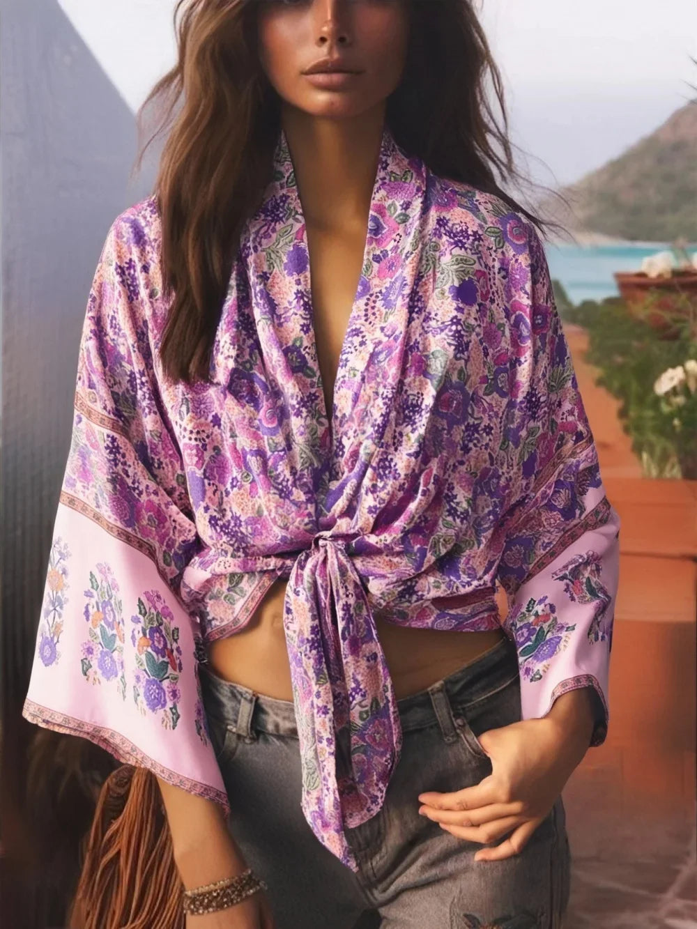 Boho Queens Kimono Cardigan Floral Short Robe Swimsuits Women Fashion Batwing Sleeves Rayon Bohemian Bikini Cover Ups Beachwear - Matrix Studios
