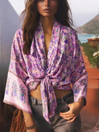 Boho Queens Kimono Cardigan Floral Short Robe Swimsuits Women Fashion Batwing Sleeves Rayon Bohemian Bikini Cover Ups Beachwear - Matrix Studios