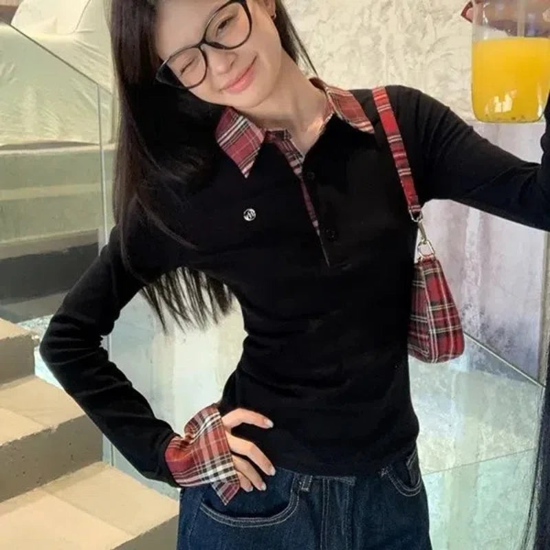 Polo Neck Plaid Patchwork Embroidery T Shirts Spring Autumn Fake Two-piece Slim High Street Tops Fashion Casual Women Clothing - Matrix-studios.com
