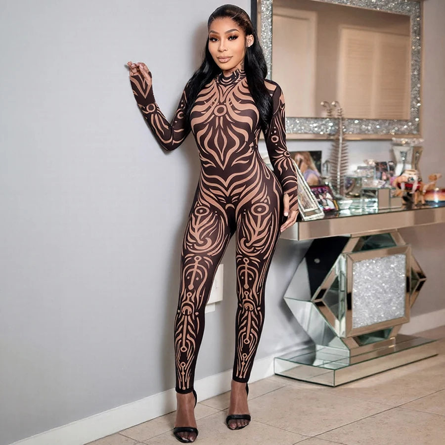 Weird Puss Sexy Striped Print Jumpsuits Women Wild Style Turtleneck Full Sleeve Midnight Party Club Stretch Streetwear Overalls - Matrix Studios