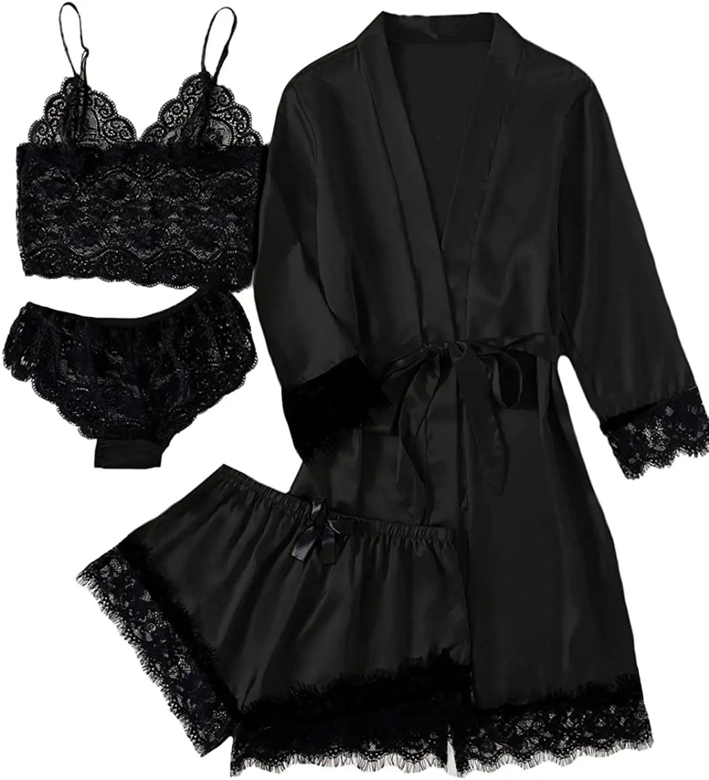 Sexy Women Home Dressing Gown Lingerie Lace Patchwork Satin Robe Set Nightwear Casual Sleepwear Kimono Bathrobe Home Nightdress - Matrix-studios.com