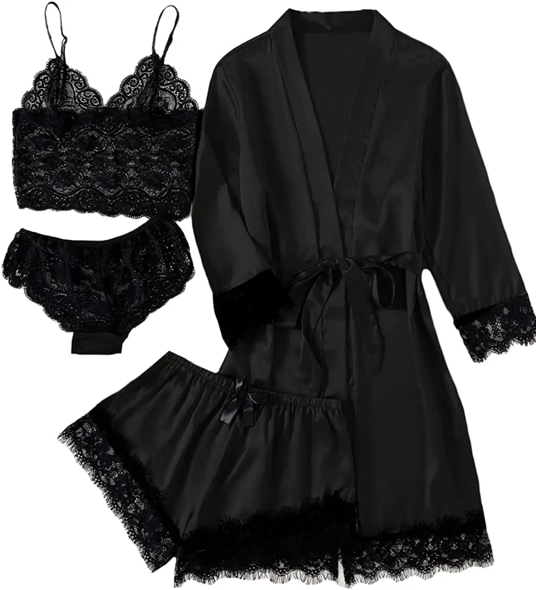 Sexy Women Home Dressing Gown Lingerie Lace Patchwork Satin Robe Set Nightwear Casual Sleepwear Kimono Bathrobe Home Nightdress - Matrix-studios.com