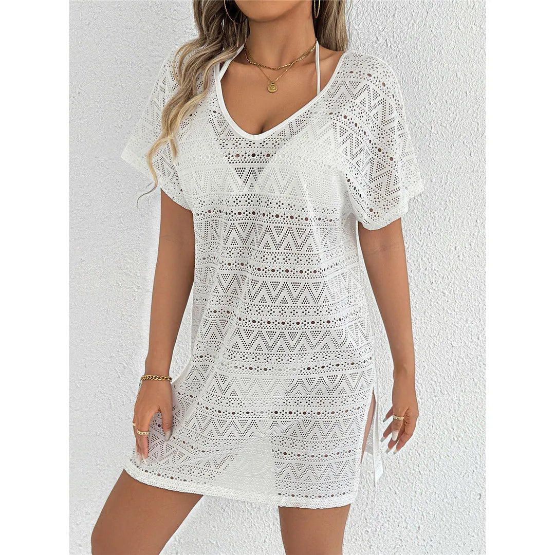 S - XL Cover-ups Beach Dress Beach Wear Beachwear Female Women V Neck Short Sleeve Hollow Out Knitted Tunic Beach Cover Up V8214 - Matrix Studios