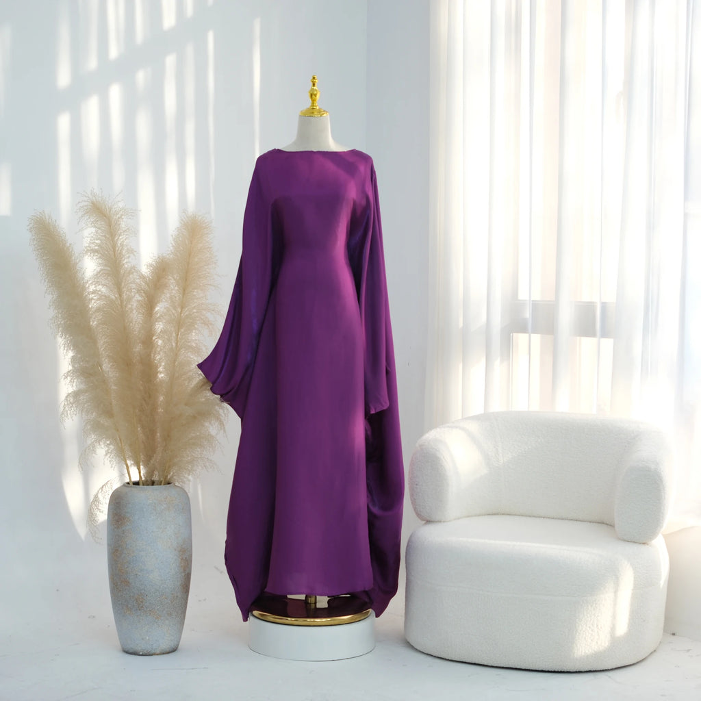 Ramadan Eid Evening Party Shiny Kaftan Dress for Women, Butterfly Sleeves Round Neck Muslim Women Abaya Dubai Islamic Clothing - Matrix-studios.com