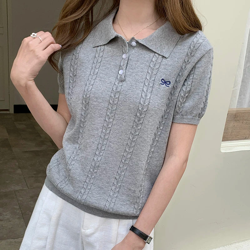 WinvyNee Spring Summer Women's Cotton Sweaters Polo Short Sleeve Clothing Bow T Shirts Casual Outerwears Pullover Tops A1522066 - Matrix-studios.com