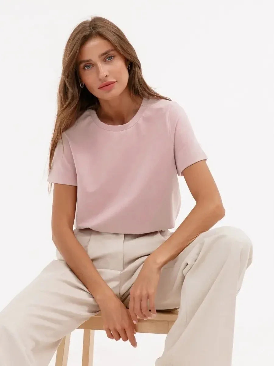 Bornladies Summer 100% Cotton Women's T-shirt Bottoming Basic Fashionable Solid Lady Short Sleeve Loose Tops Shirts 230g/㎡ Tops - Matrix-studios.com