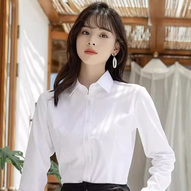 Professional White Shirt Women Office Lady Slim Fit Formal Blouse Woman Daily Commuter Simple Versatile Square Collar Base Shirt - Matrix-studios.com