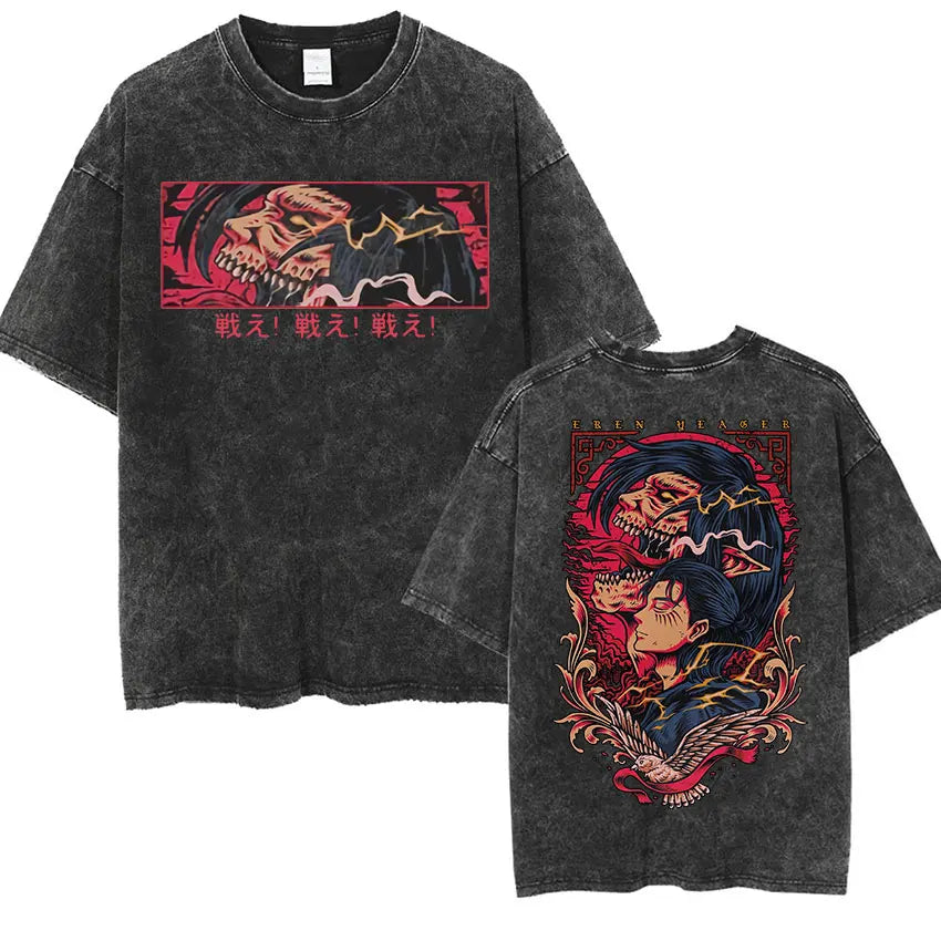 Anime Attack on Titan Vintage Washed Print T-shirt Mikasa Ackerman Eren Jaeger Wings of Freedom Logo Mens Summer Cotton T-shirts - Matrix Studios