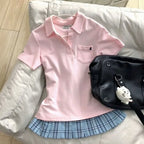 Deeptown Blue Polo Shirts Women Shoujo JK Japanese Preppy Style White T-shirts Short Sleeve Embroidered Tees Basic Pink Tops - Matrix-studios.com
