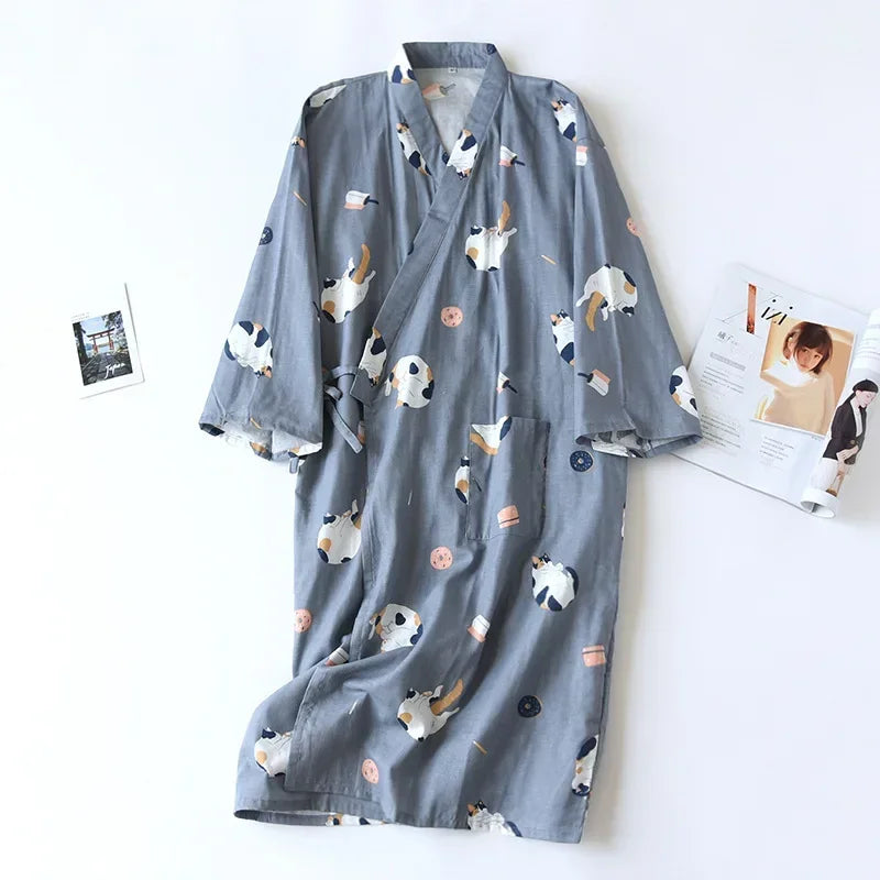 Japanese-style Kimono Pajamas Summer New 100% Cotton Gauze Pajamas Nightgown Ladies SPA Yukata Homewear Long Pajamas Women - Matrix-studios.com