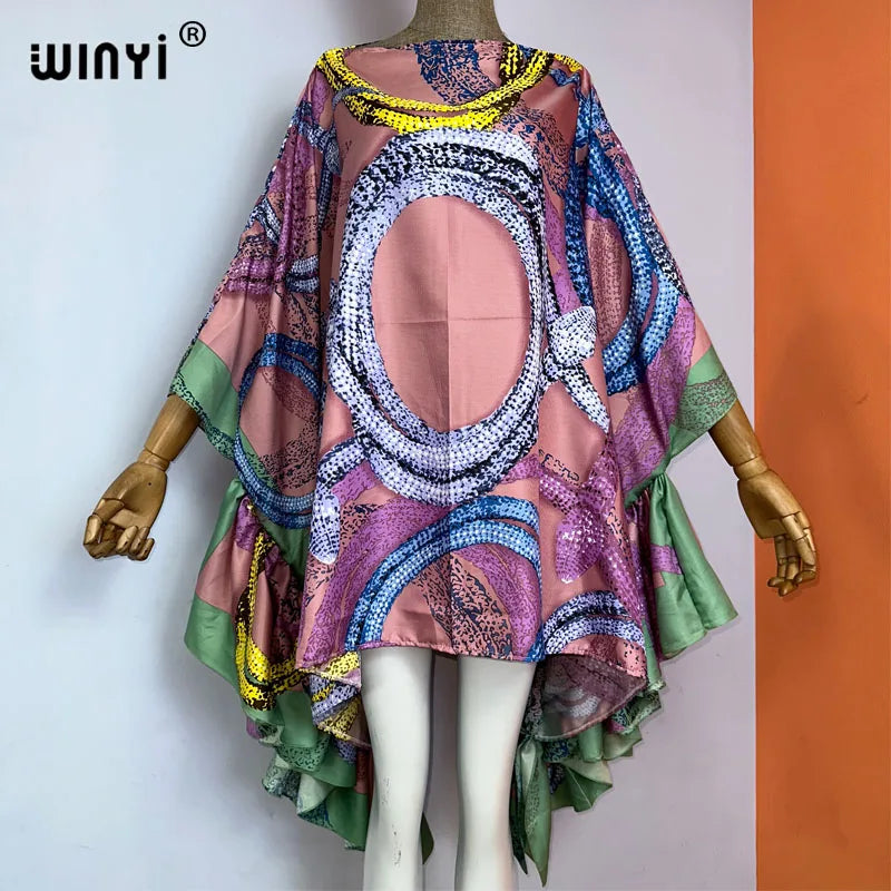 WINYI Women Summer Fashion Evening Party Beachwear Kuwait Bohemian Abaya Kaftan Puff Sleeve Sexy Elegant Beach Cover Up Dress - Matrix Studios