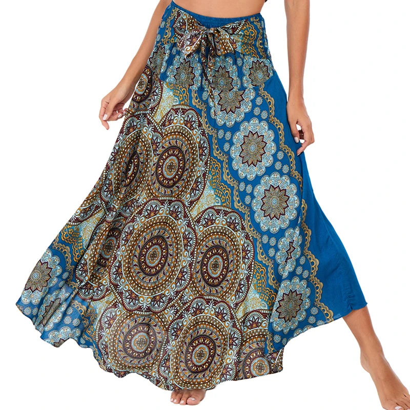 Boho Skirts Women Rayon Beach Long Dress Summer Bohemian Jupe Longue Femme Elastic Waist Print Floral Bandage Halter Hippie - Matrix Studios