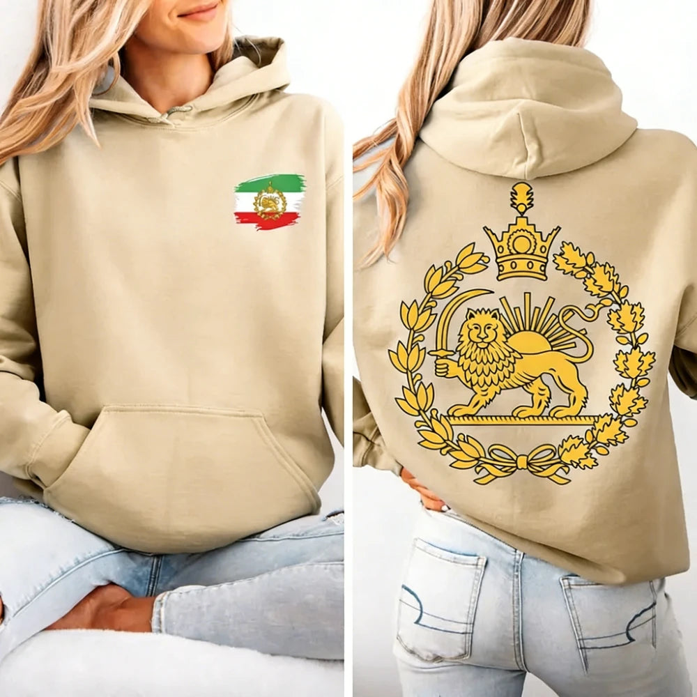 Lion and Sun Iran Hooded Tops Persian Flag Graphic Duplex Printing Clothing Shir-o-Khorshid Emblem Pullover Men Women Hoodies - Matrix Studios