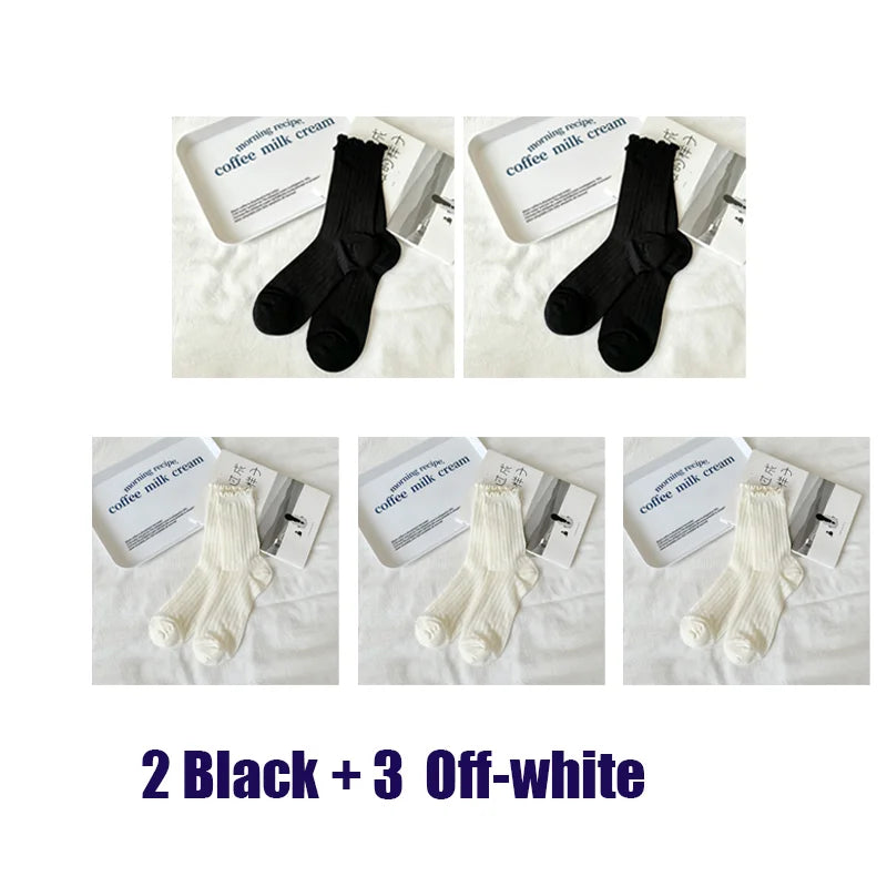 5 Pairs/Lot Women Hollow Mesh Tube Socks Ear Fungus Edge Socks Ins Trendy Spring Summer Loose Mouth Thin Style Girls Pile Socks - Matrix Studios