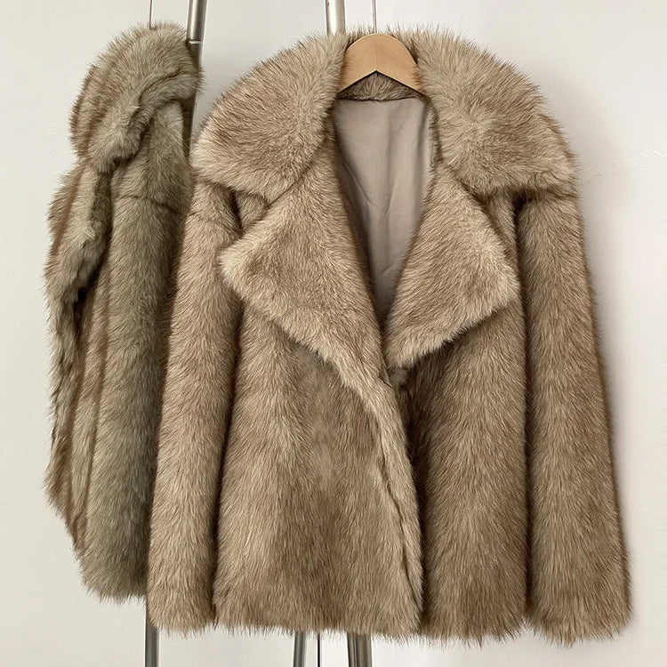 Mueyeruho 2025 Winter Women Faux Fur Jacket Coat Solid Khaki Long Sleeve Thick Warm Overcoat Outwear Fluffy Coat For Women - Matrix Studios
