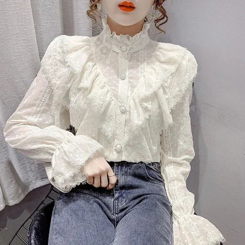 Long Sleeve Loose Spring Fashion Button White Shirt Elegant Stand Collar Pleated Tops Casual Ruffle Lace Blouse Blusas 15832 - Matrix-studios.com