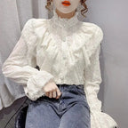 Long Sleeve Loose Spring Fashion Button White Shirt Elegant Stand Collar Pleated Tops Casual Ruffle Lace Blouse Blusas 15832 - Matrix-studios.com