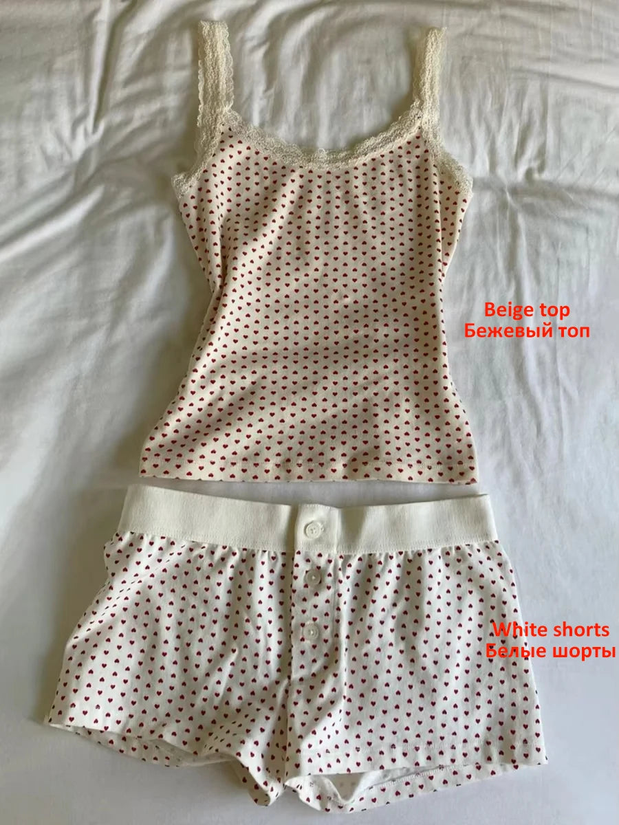 Strawberry Vest Shorts 2 Pieces Set Woman Eyelet Bow Slim Tank Top with Elastic Waist Patchwork Straight Short Pant Sweet Sets - Matrix-studios.com