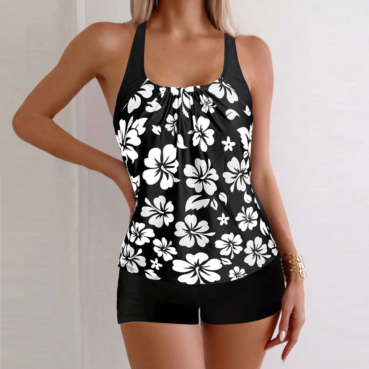 Printed Flower Tankini Set  Girl Swimwear Adjustable Strap Vest Bra Female Flower Shorts Bikini Drawstring Women Beach Set - Matrix-studios.com