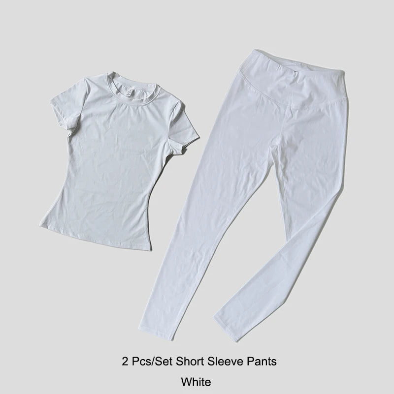 Quick-Drying Gym Leggings Set Sport Suit Short Sleeve Breathable Stretchy Slim Fitness Active Top Tight Gym Set - Matrix-studios.com