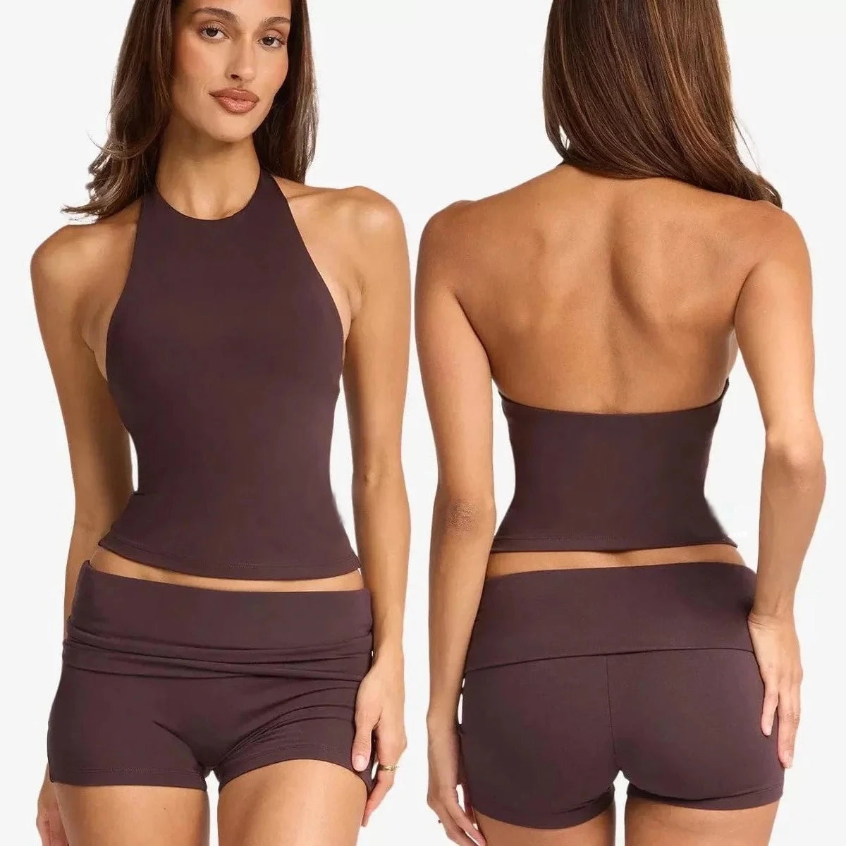 C-B Women Halter Open Back Yoga Tank Top Fold Over Waist Biker Shorts Workout Set for Gym Pilates Training - Matrix-studios.com